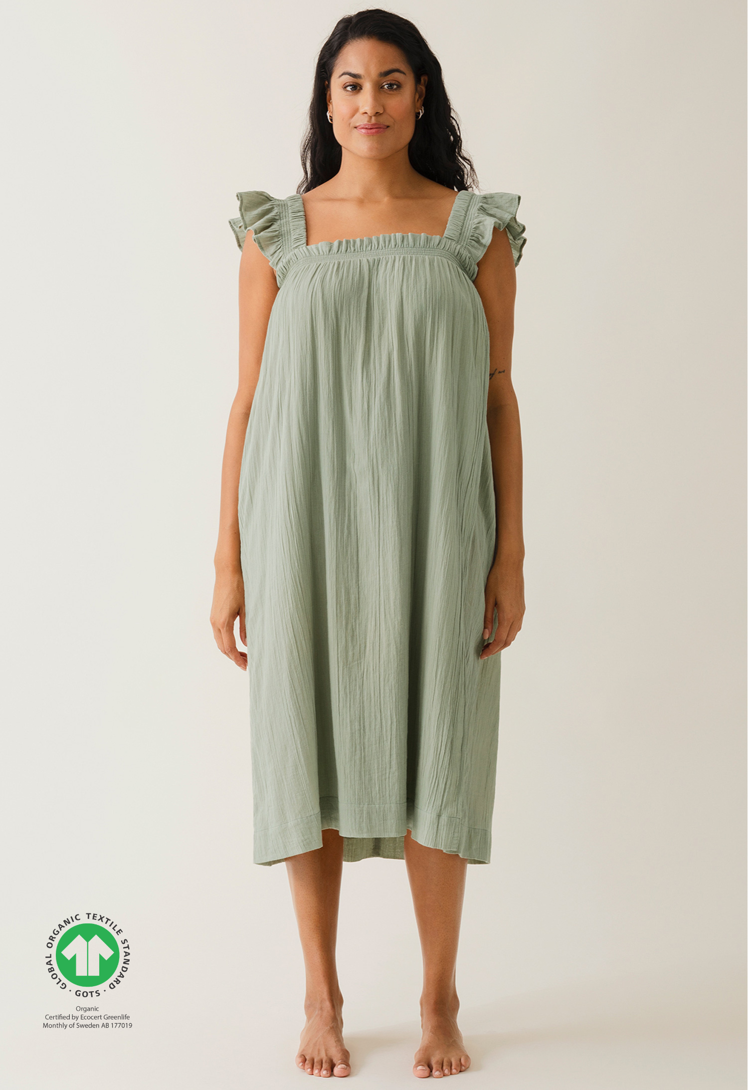 Boho ammekjole med smock - Grøn te
