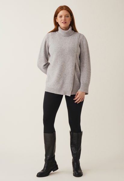 Strikket ammebluse med polokrave - Lysegrå melange